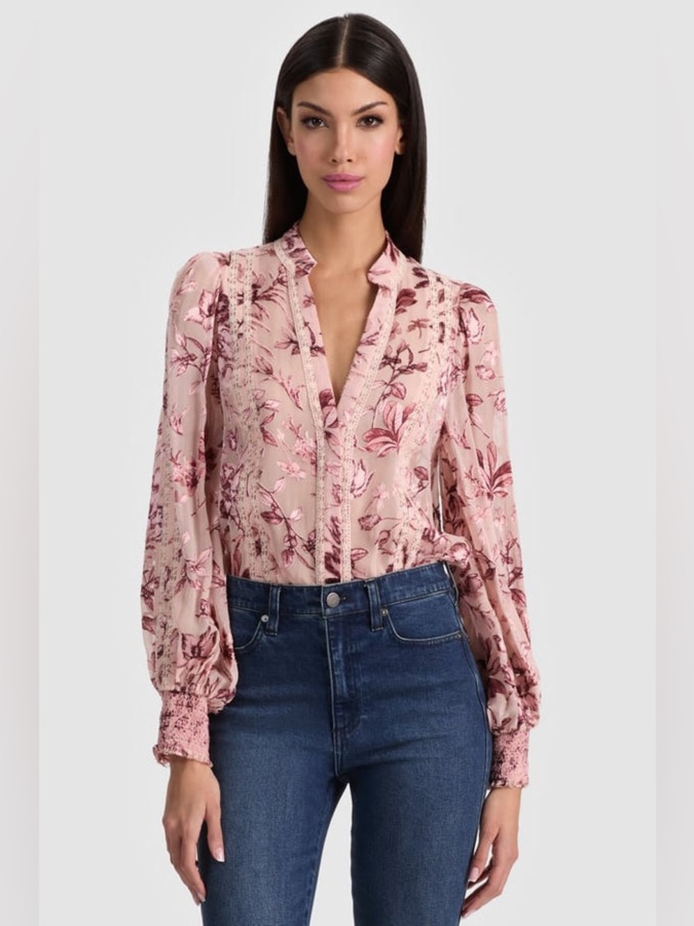 NWT $440 Alice Olivia Arlette Lace Trim Floral Satin Burnout Shirt